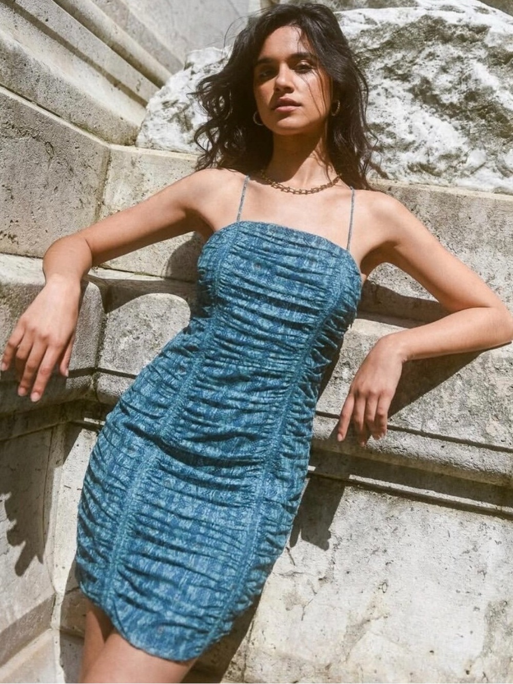 The Korner size Small teal blue pattern ruched mini dress with criss cross back